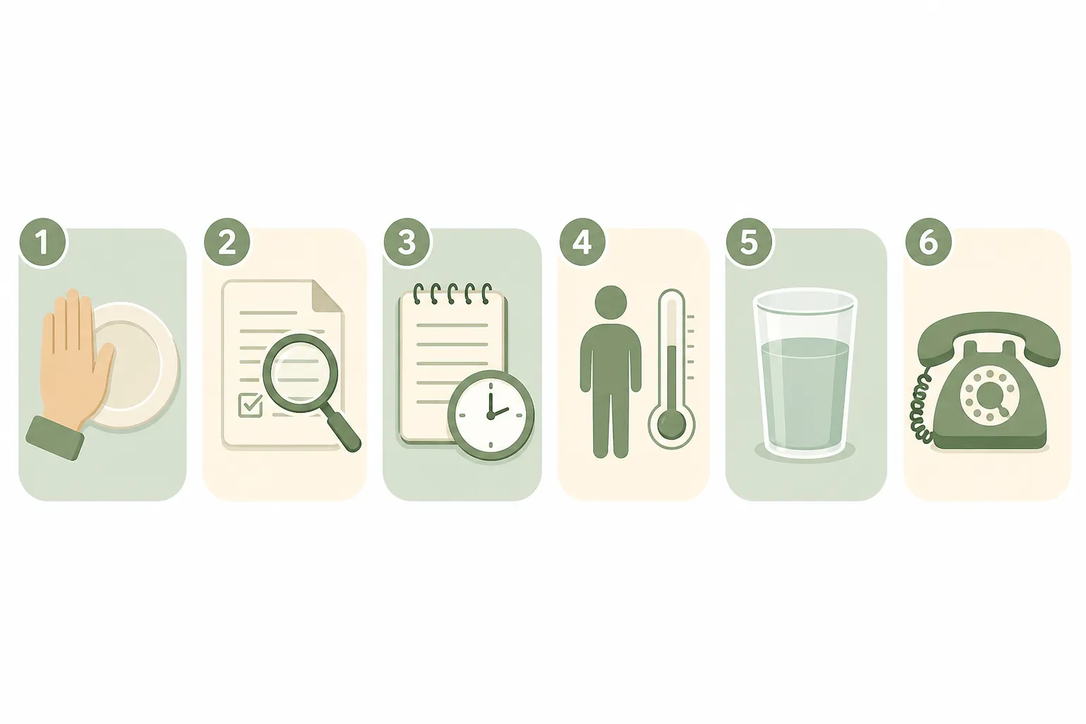 Six pictogram tiles showing stop serving food, verify recall, note timing, monitor symptoms, hydrate, and call a provider