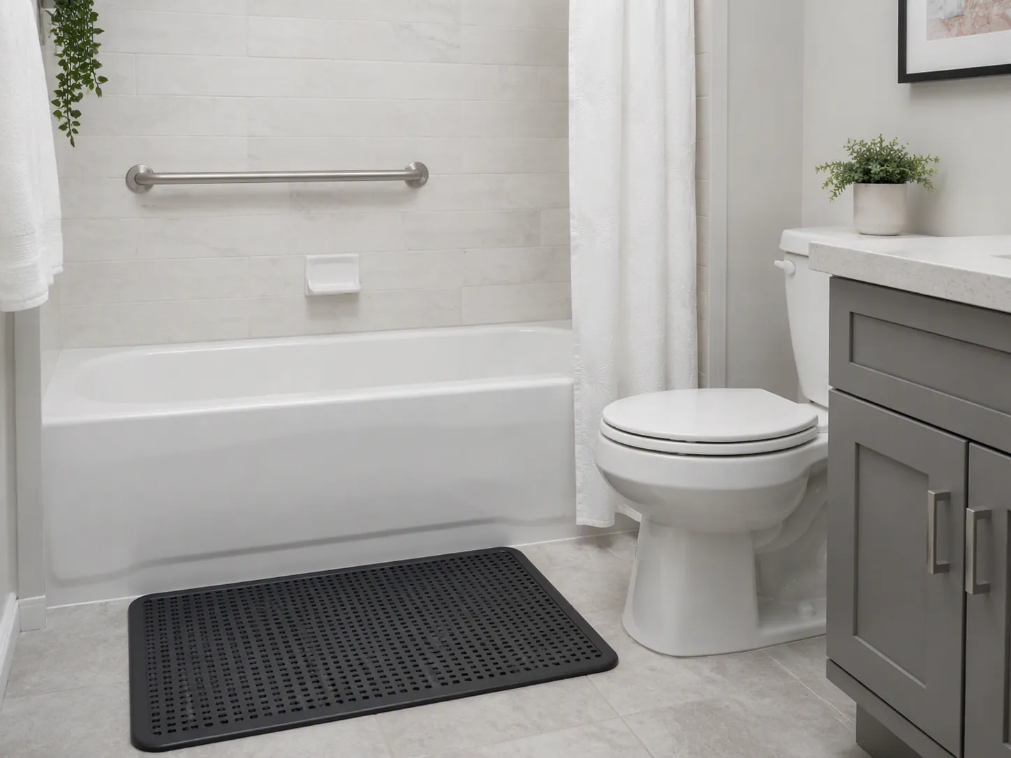 Bright bathroom with a grab bar beside the bathtub and a non-slip mat on the dry floor