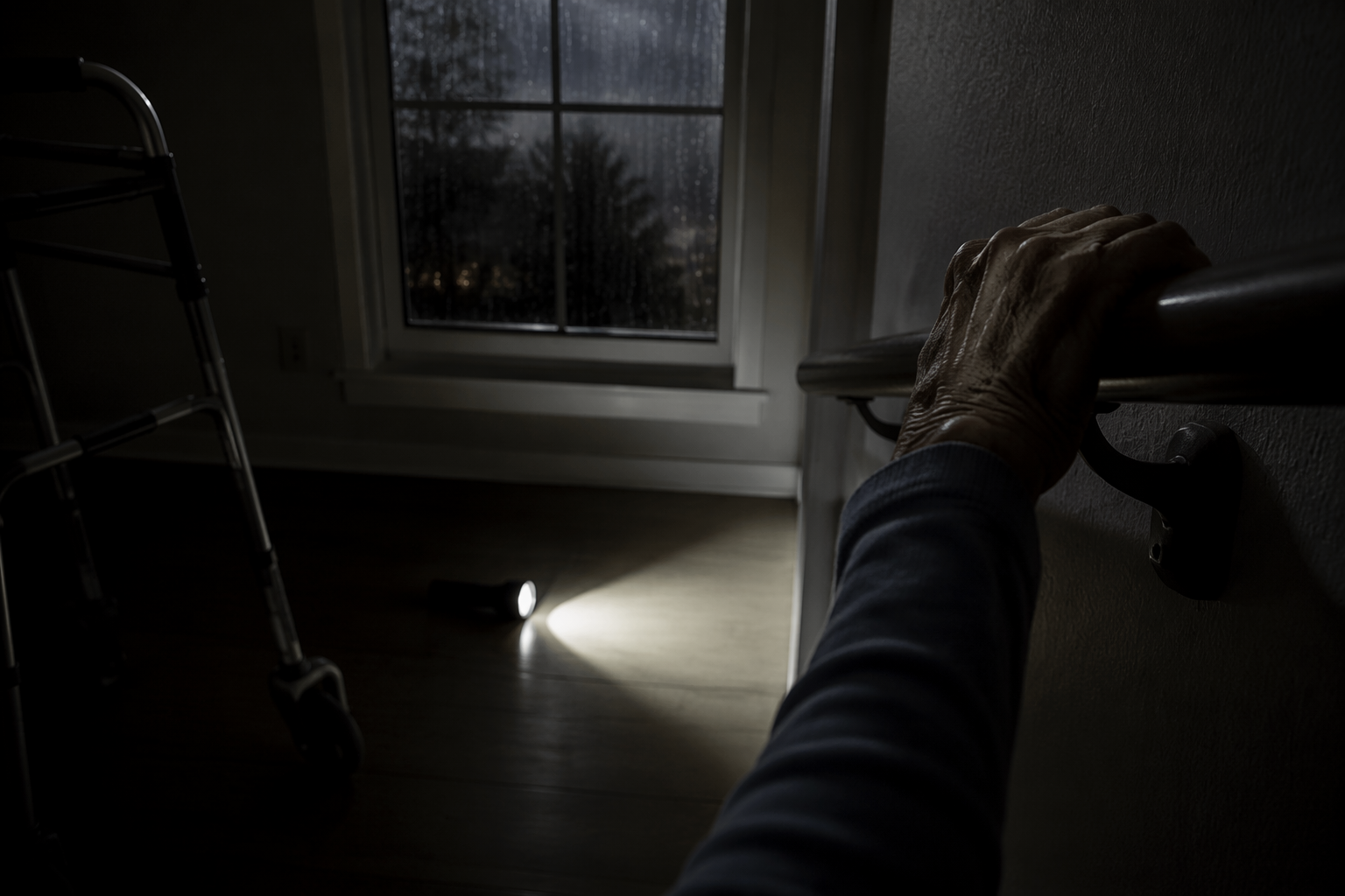 Dim hallway during a storm power outage with a hand on a rail, a flashlight on the floor, and a walker nearby