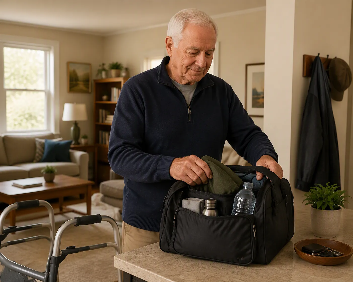 Senior placing a go-bag on a counter at waist height with a walker nearby