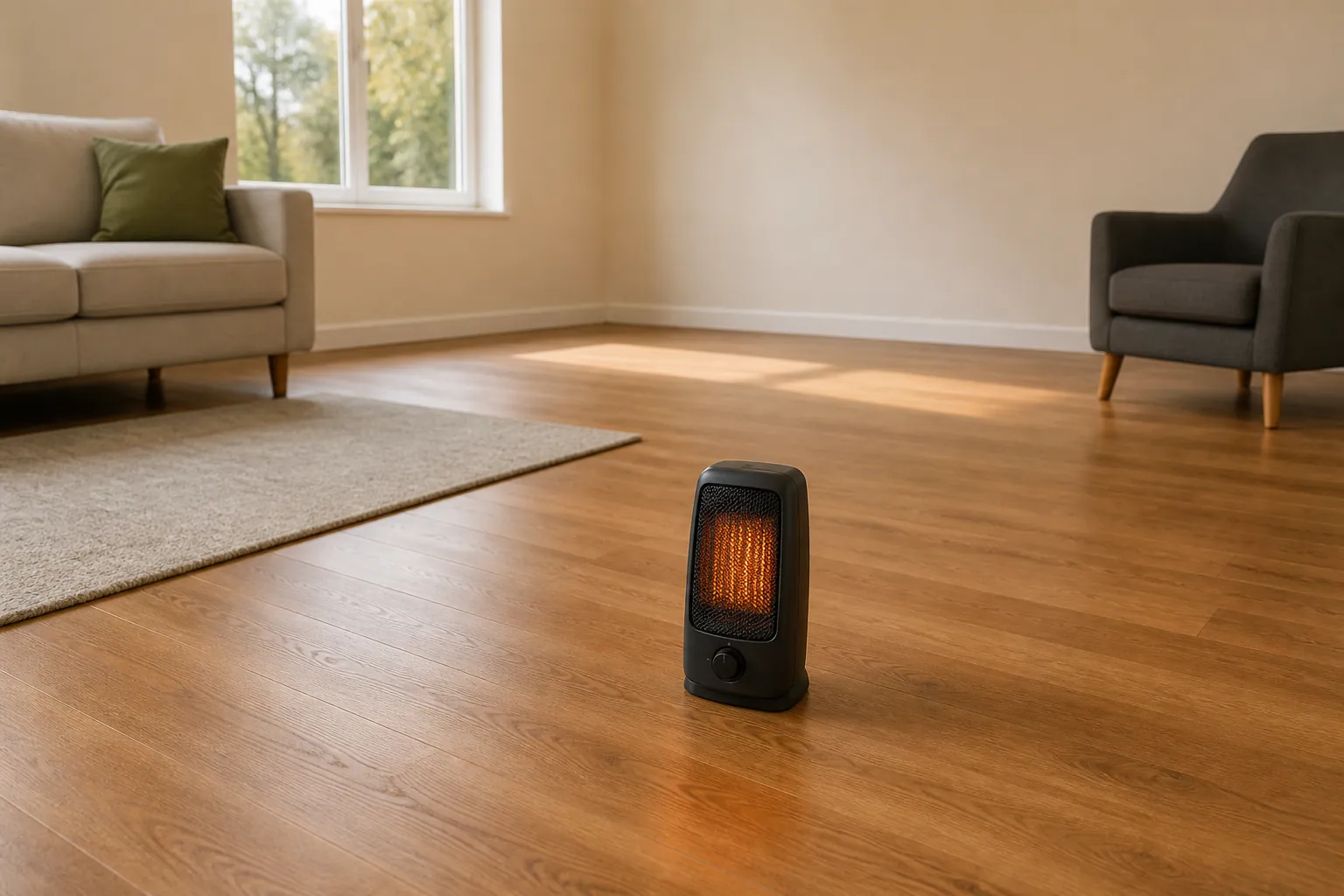Electric space heater with a wide clear area separating it from furniture, curtains, clutter, and a rug