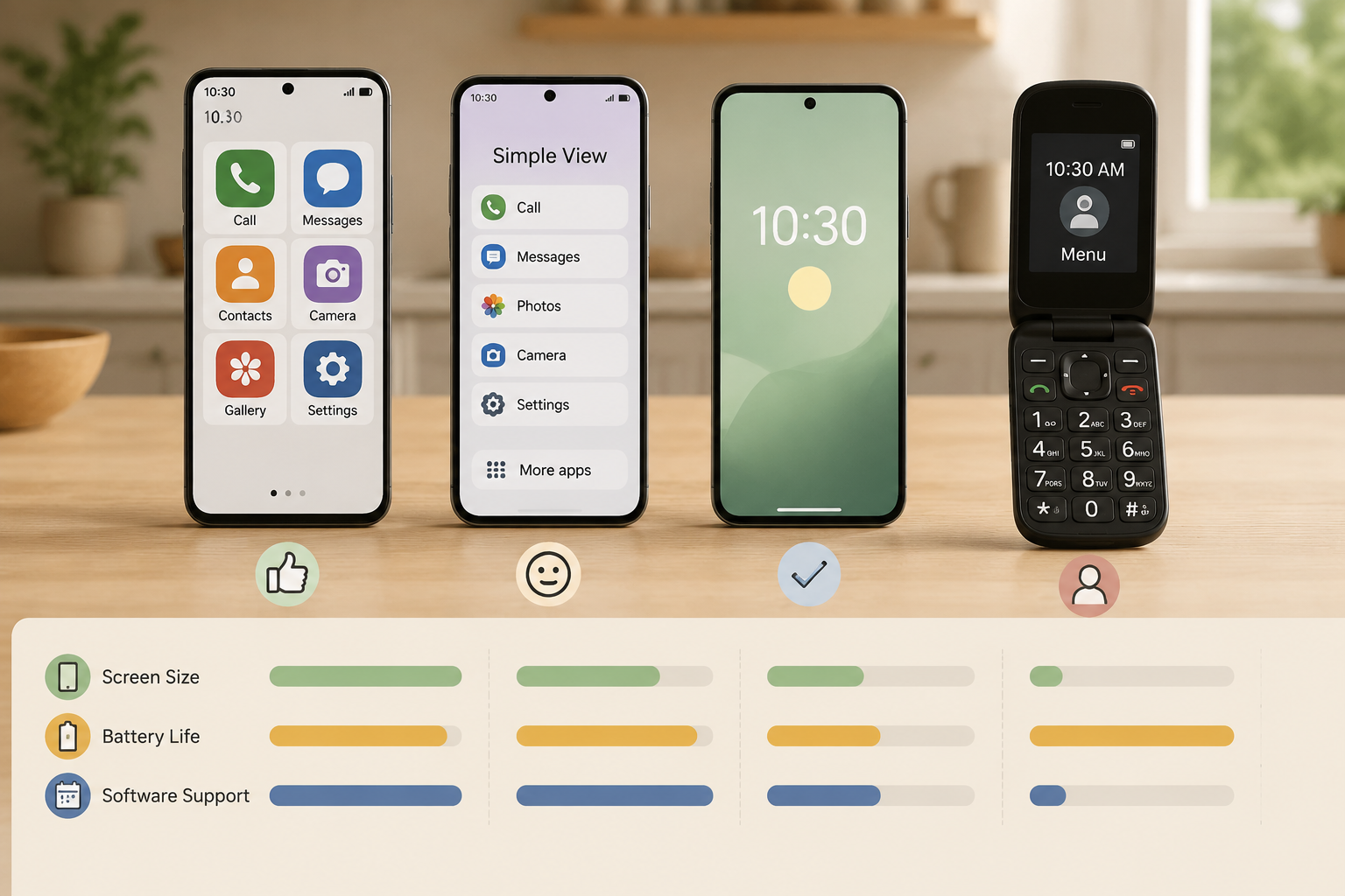 Comparison of Samsung-style, Pixel-style, Moto-style, and senior-specific phones with visual strength bars