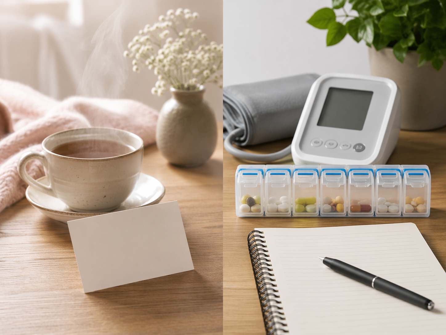Side-by-side still life contrasting tea and a note card with a pill organizer, blood pressure monitor, and notebook