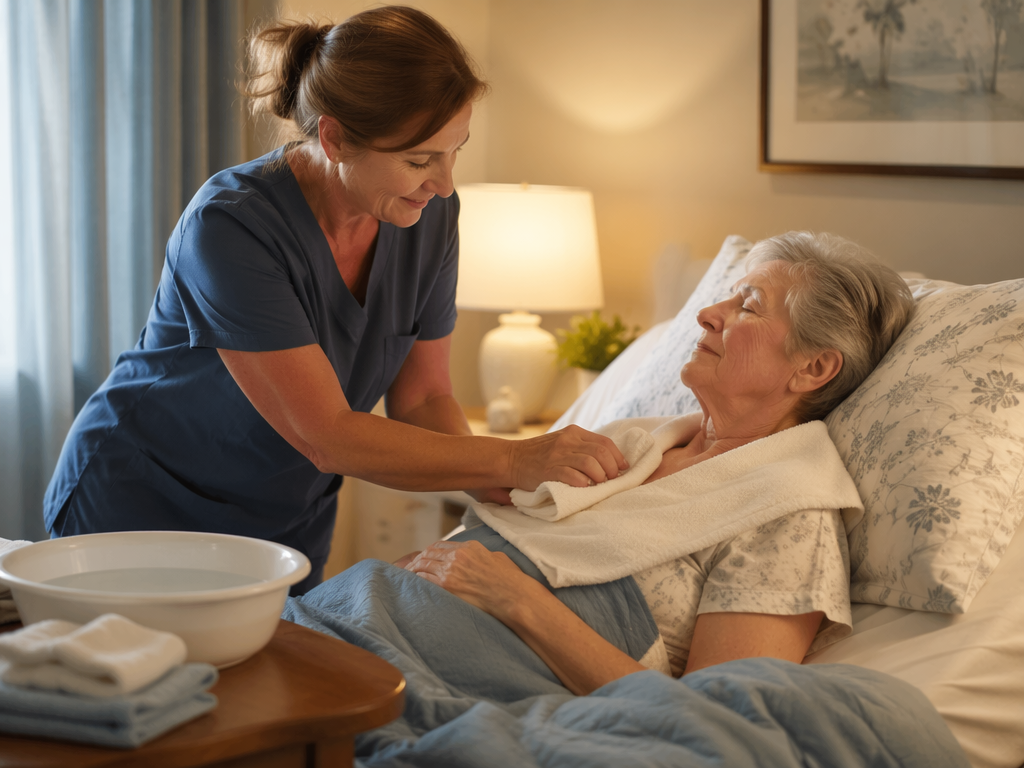 A bedside scene showing a caregiver performing a gentle sponge bath for an older adult with dementia lying comfortably in bed with a towel and blanket, with a basin of warm water and no-rinse soap supplies nearby
