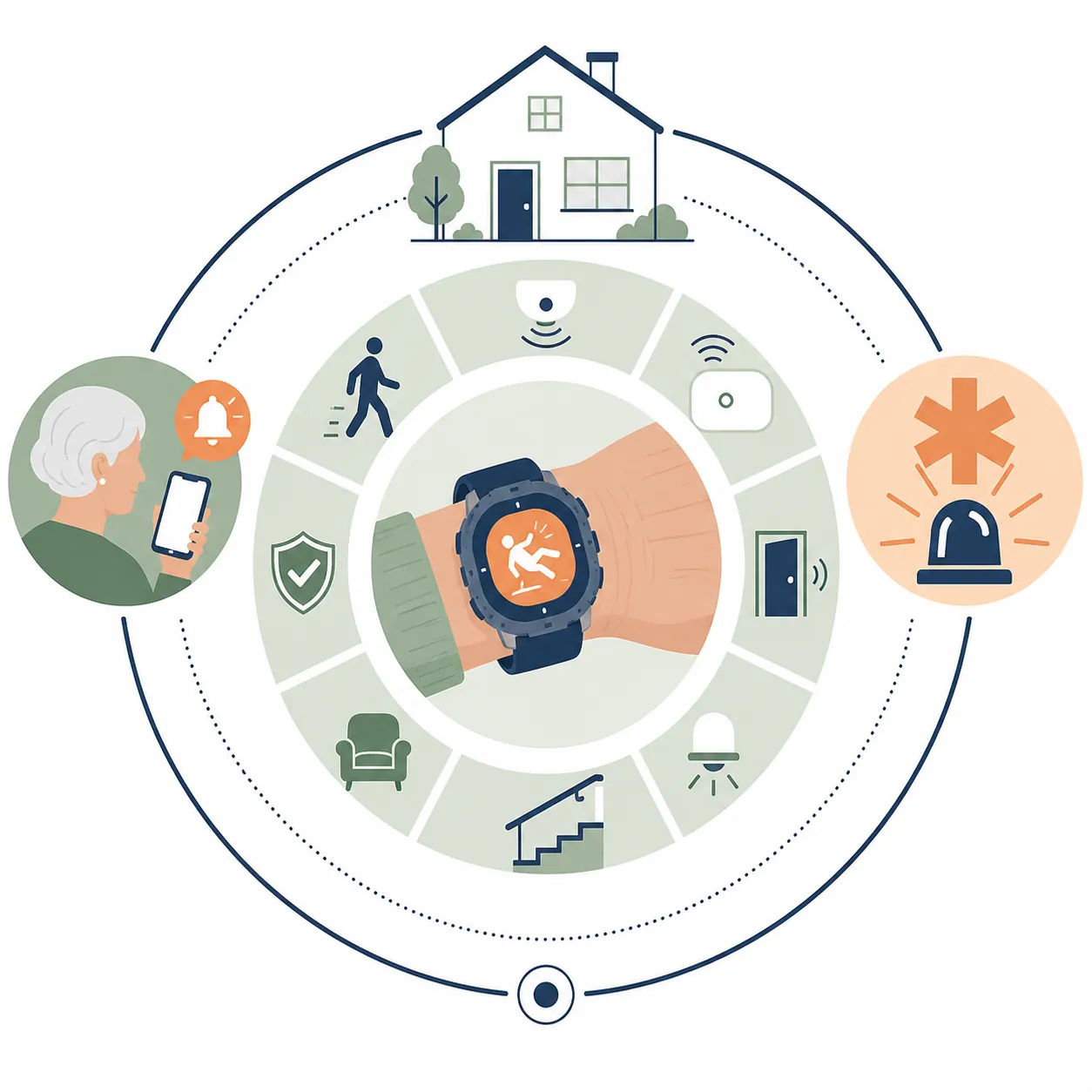 Illustration of a smartwatch as one layer within home safety, caregiver notification, and emergency response supports