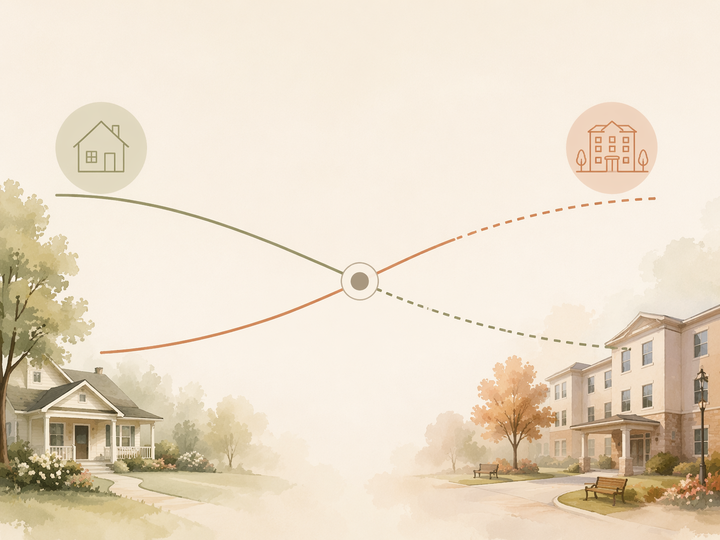 Illustration of home care and assisted living cost lines crossing at a break-even point