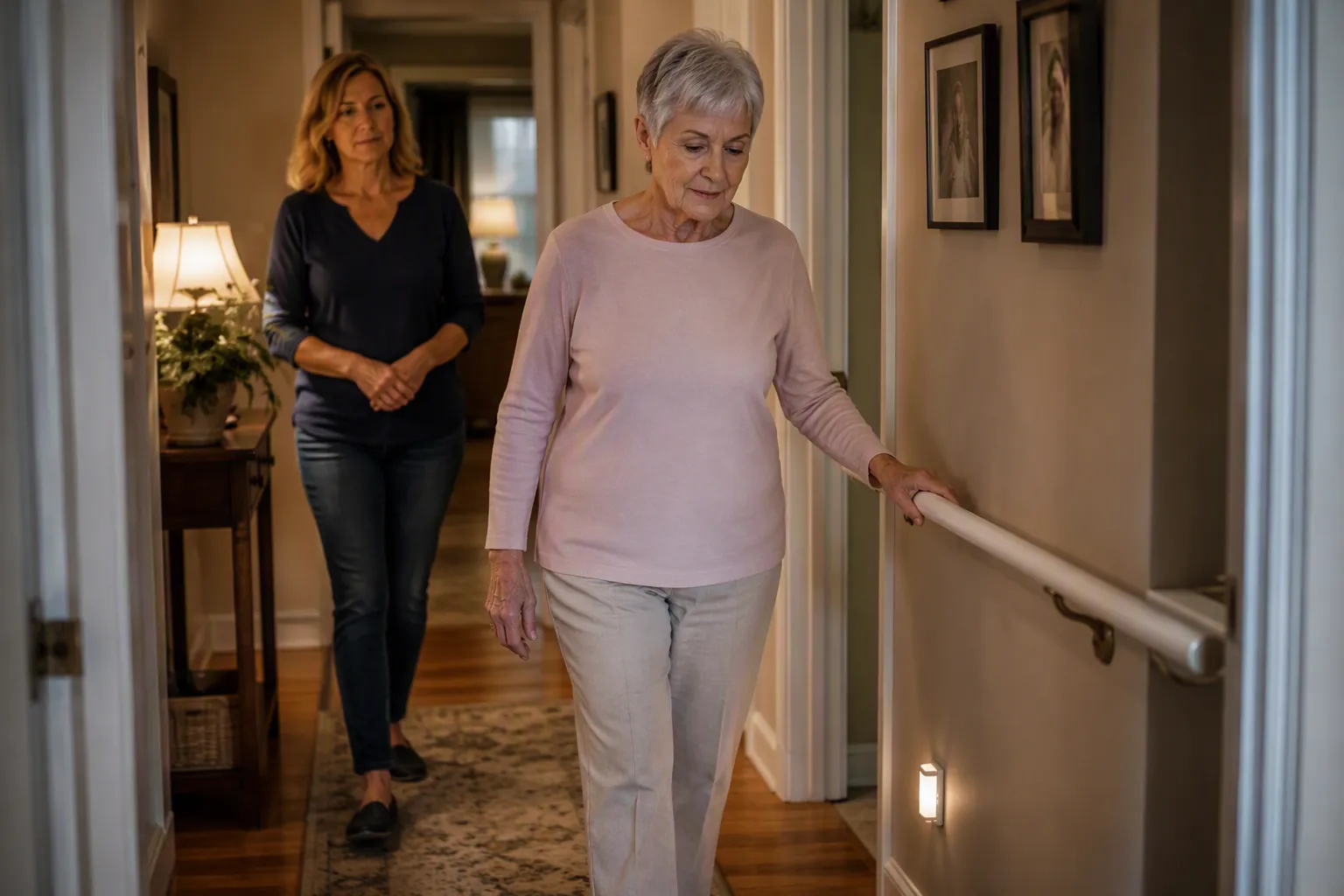 Older woman walking in a hallway near a grab bar while her adult daughter watches, with a nightlight near the baseboard