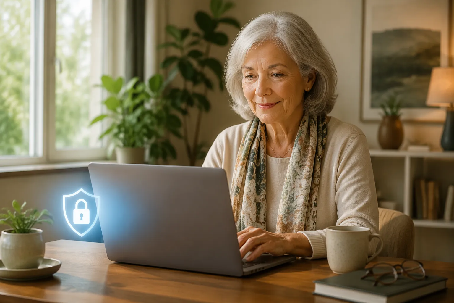 Senior woman using a laptop with a digital safety shield icon