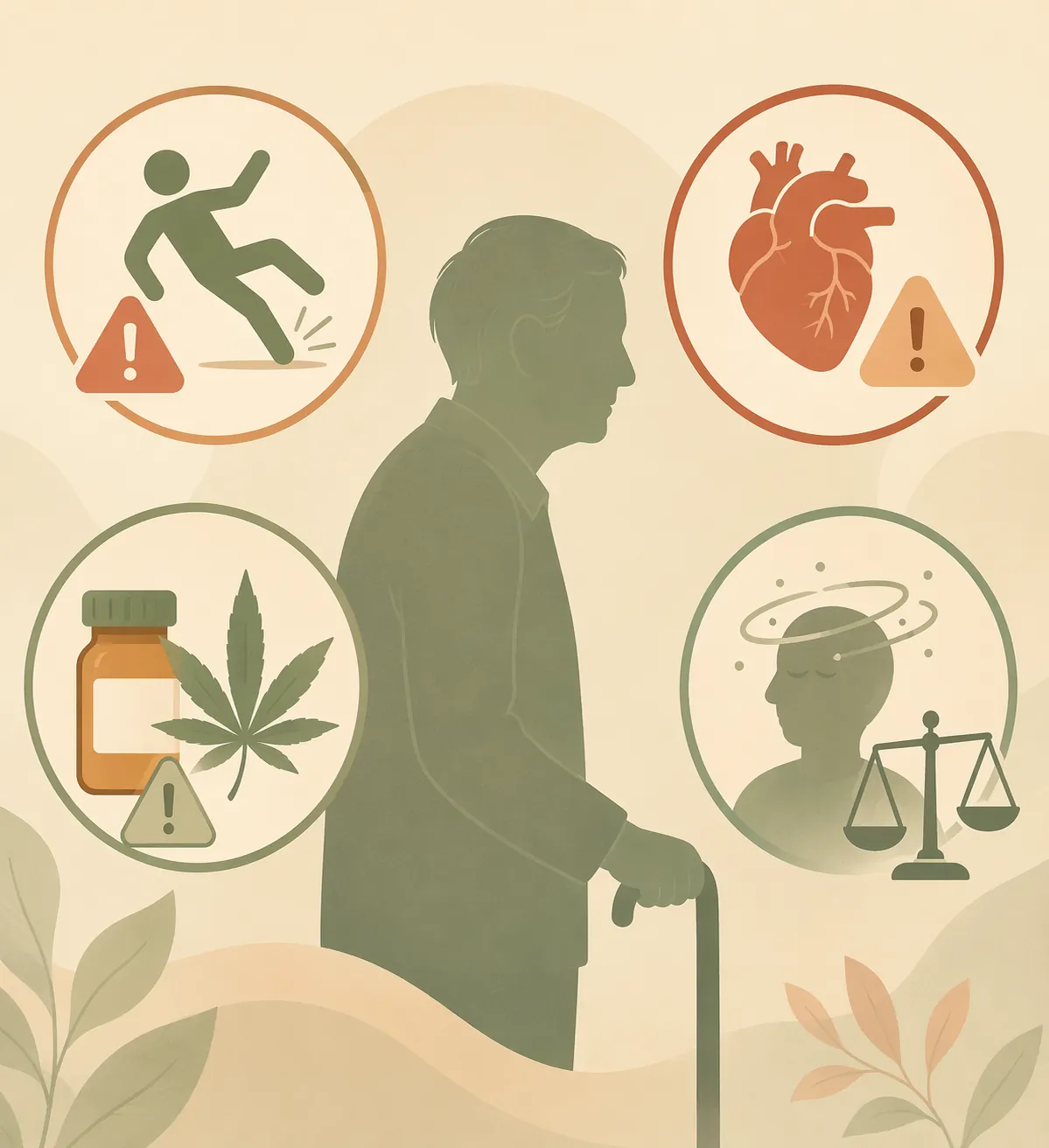 Older adult silhouette surrounded by cannabis-related fall, heart, medication, and dizziness risk icons
