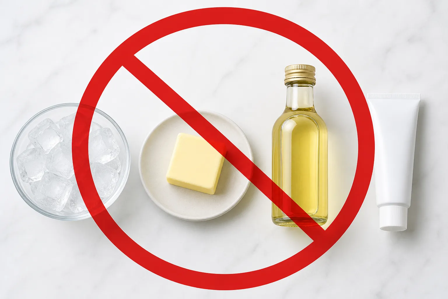 Ice cubes, butter, cooking oil, and ointment shown with a red prohibition symbol