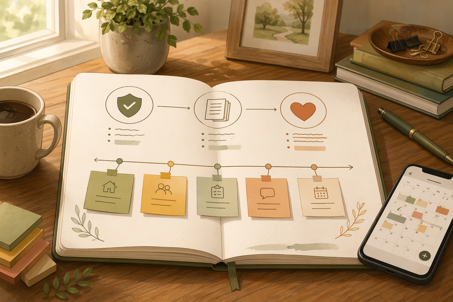 A wooden desk with an open notebook showing visual notes with icons for safety, documents, and wellbeing arranged in a left-to-right flow. Warm sticky notes, a smartphone, and a coffee mug sit nearby.