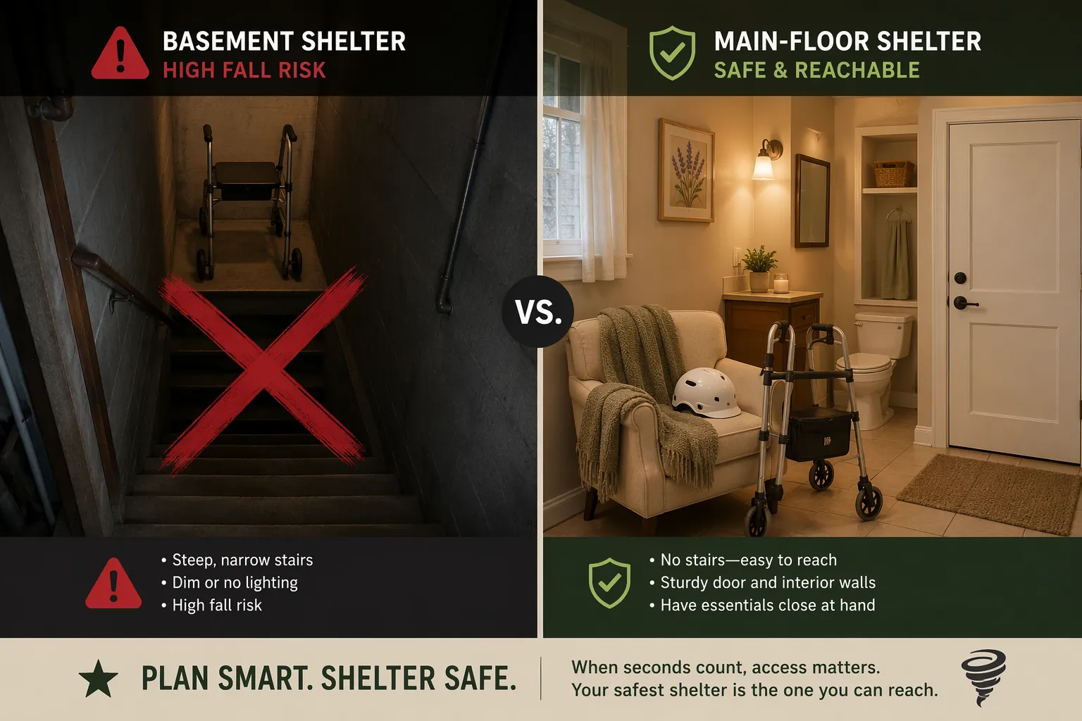 Split scene comparing unsafe basement stairs with a walker and a prepared main-floor bathroom shelter