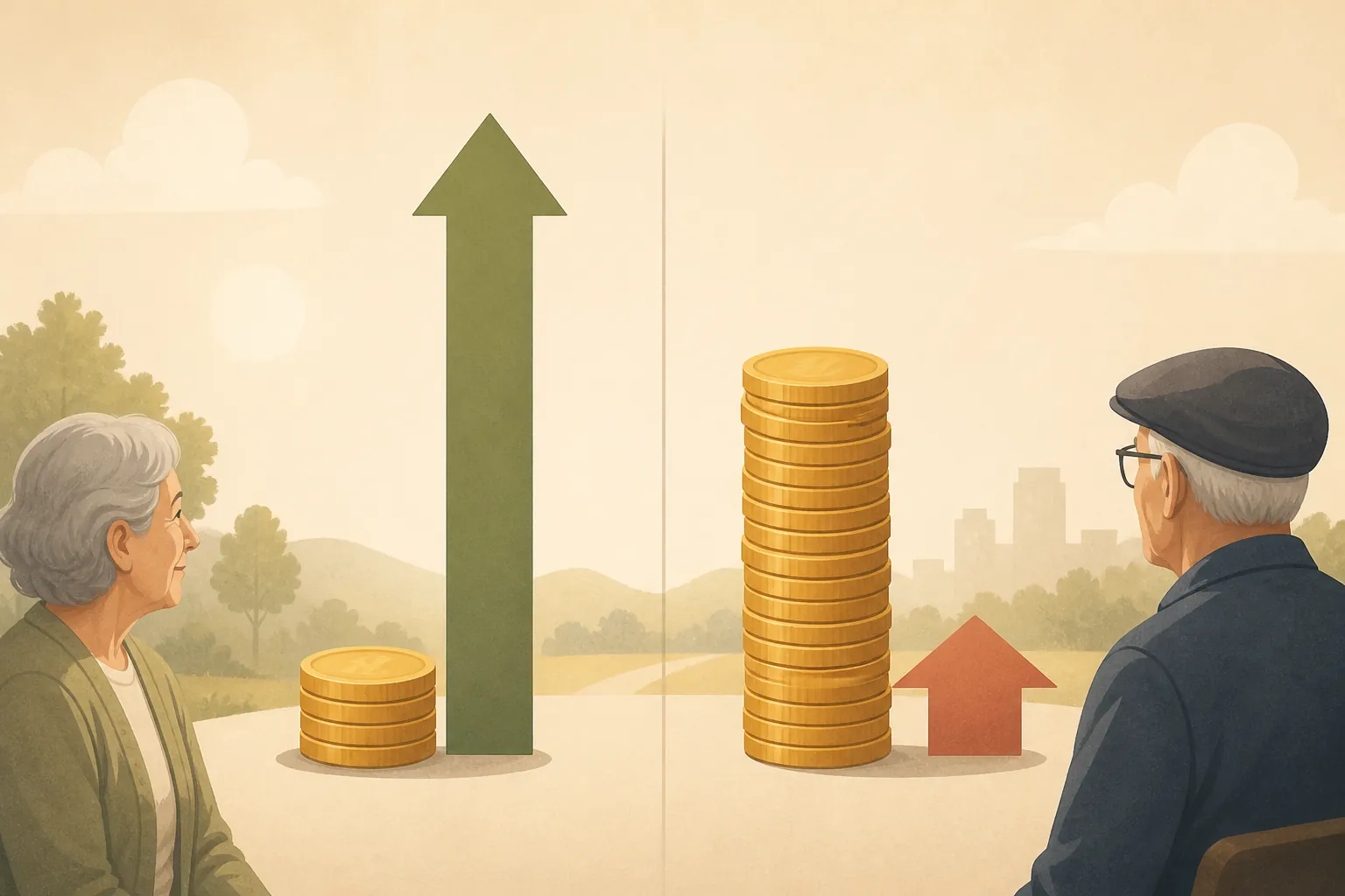 Two coin stacks showing stronger growth for a small stack and flatter growth for a tall stack