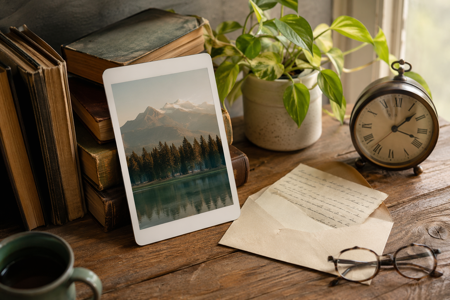 A wooden desk scene with a tablet leaning against a stack of old hardcover books, beside a handwritten letter, reading glasses, an analog clock, and a potted plant.