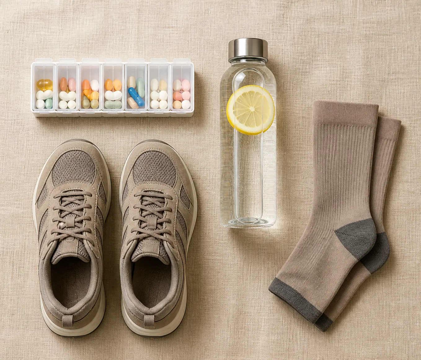 Travel safety items including pill organizer, water bottle, walking shoes, and compression socks