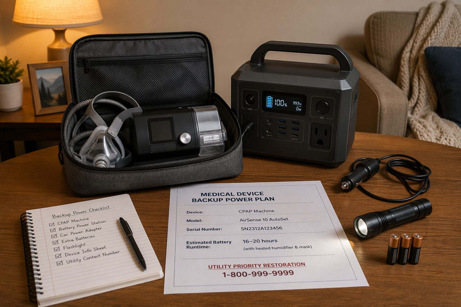 CPAP machine, portable battery station, car adapter, and device documentation prepared for a power outage