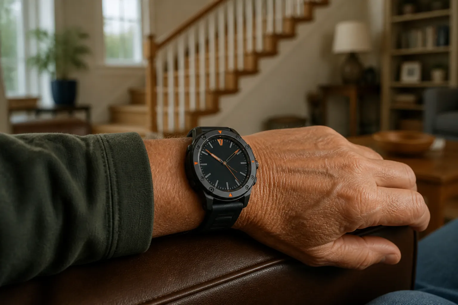 Older adult wearing a rugged sports smartwatch indoors near a staircase