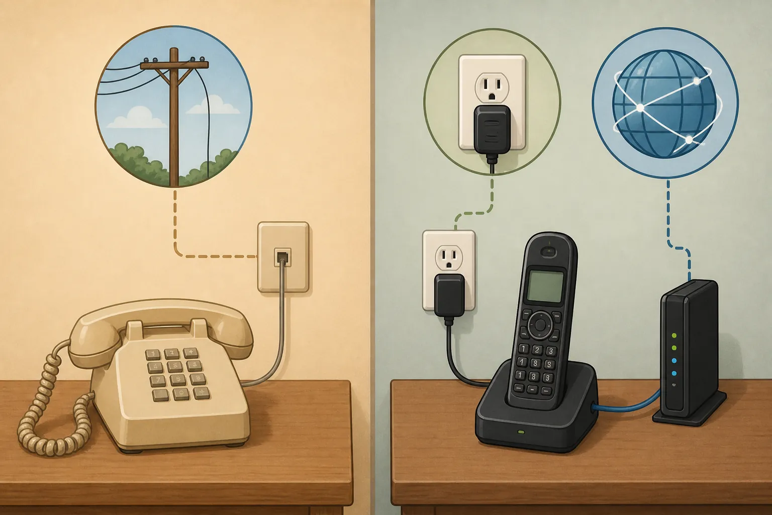 Comparison of a copper landline phone and a VoIP phone setup with router and electrical power