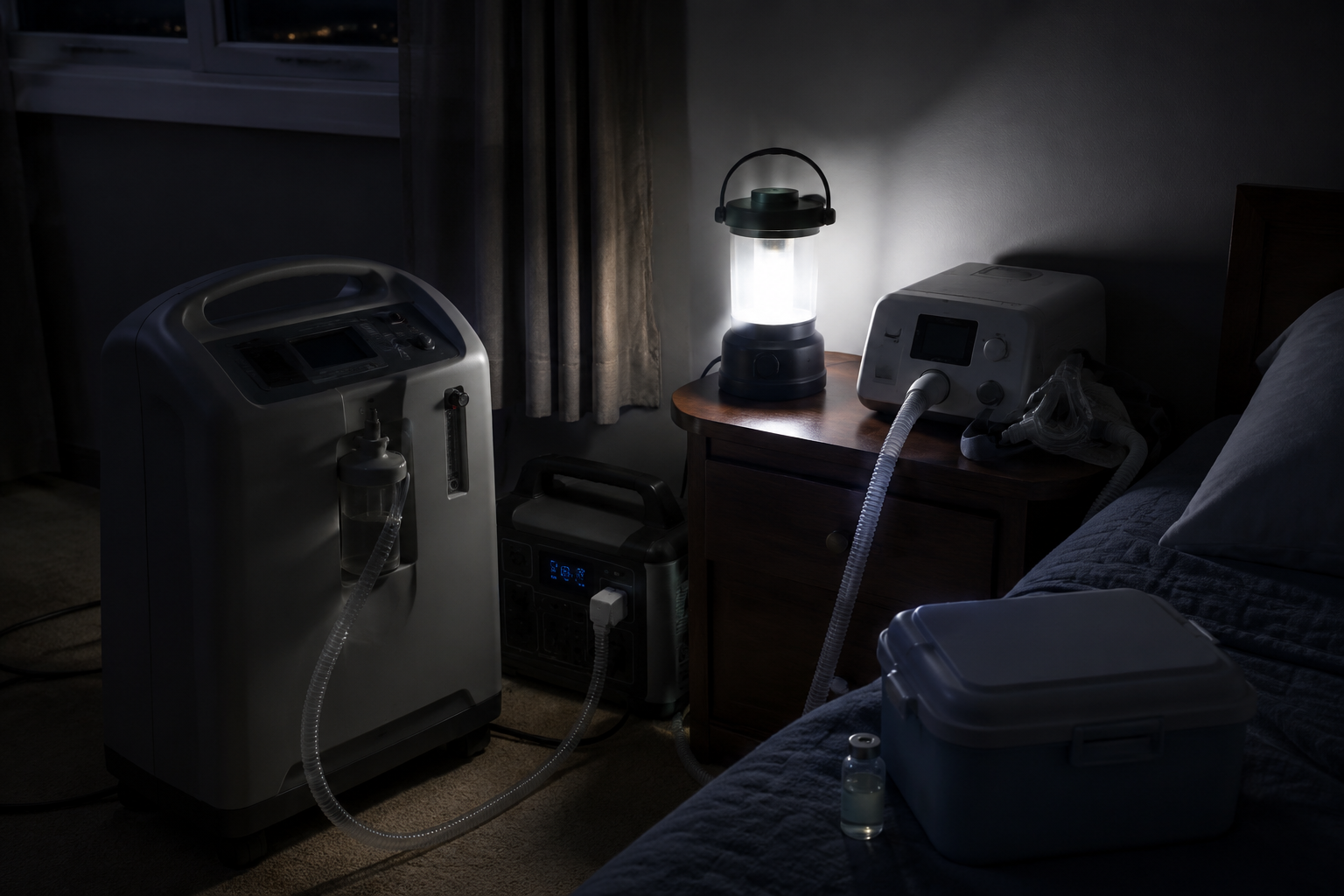 Dimly lit bedroom after a power outage with an oxygen concentrator and CPAP machine connected to a backup battery pack, and a small insulin vial beside a cooling case, lit only by a single emergency lantern.