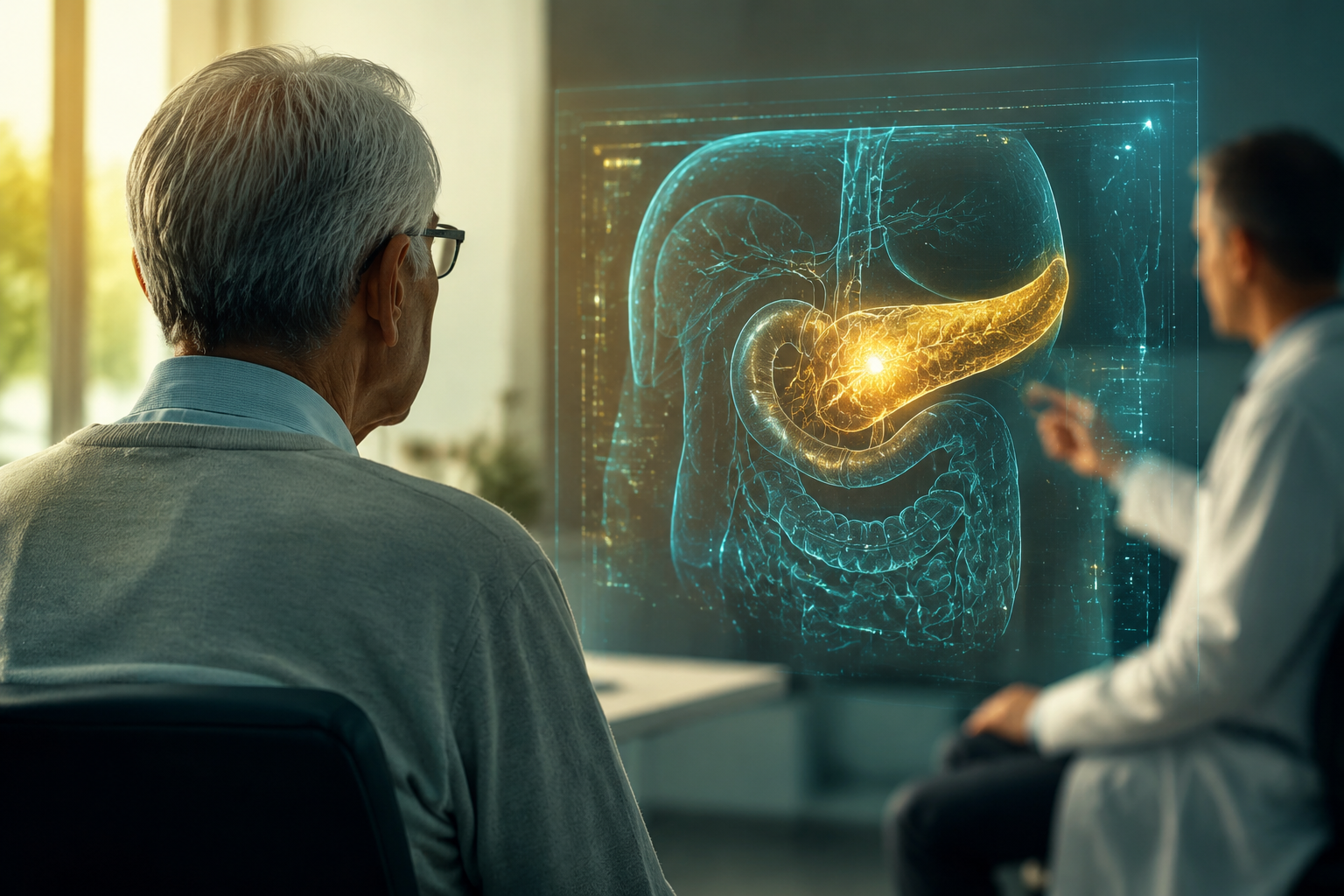Older adult in a softly lit medical setting with an AI-assisted scan glow near the upper torso