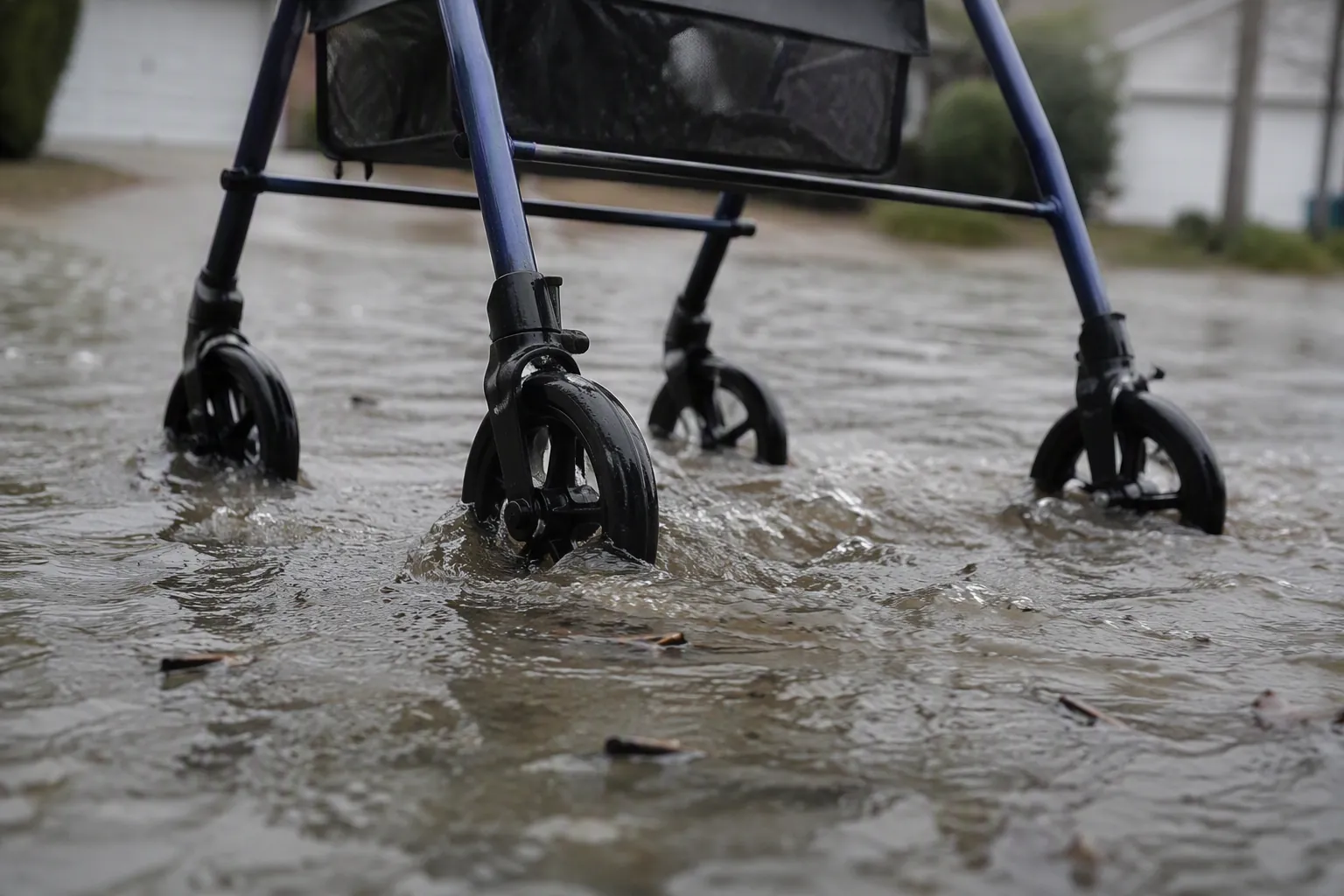 Fast-moving shallow floodwater around the wheels of a rollator walker