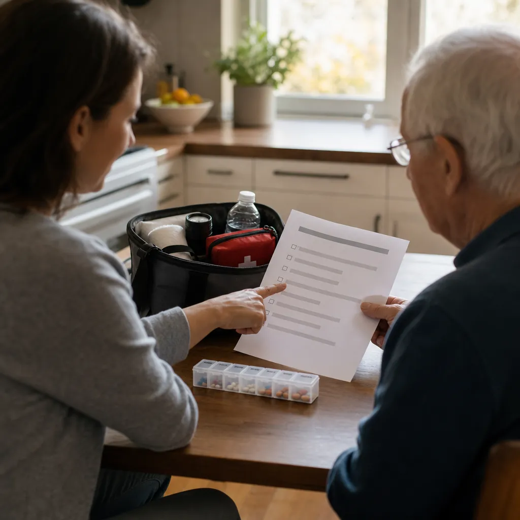 Adult daughter and elderly father reviewing a printed hurricane preparedness checklist at a kitchen table