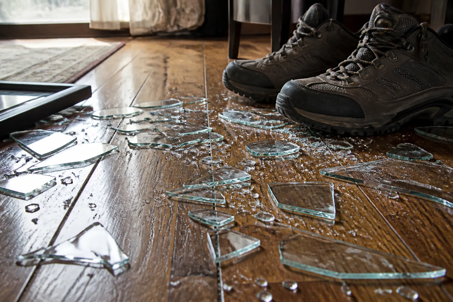Broken glass on a hardwood floor beside sturdy thick-soled shoes after an earthquake