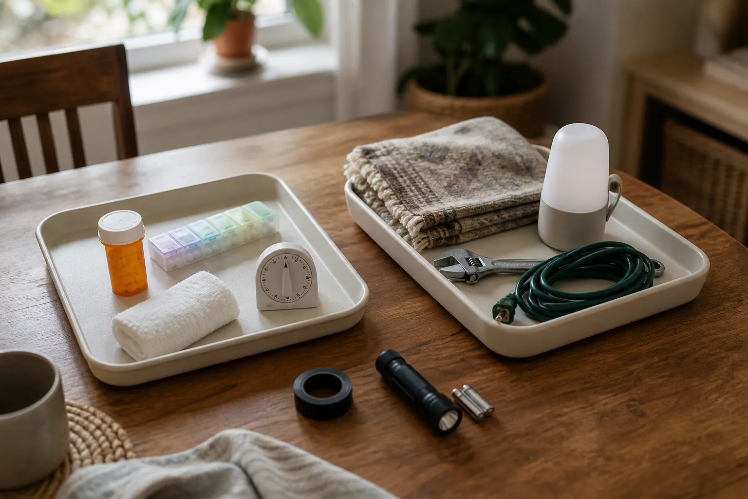 Two sorting trays on a kitchen table separating urgent safety items from plan-ahead home hazards