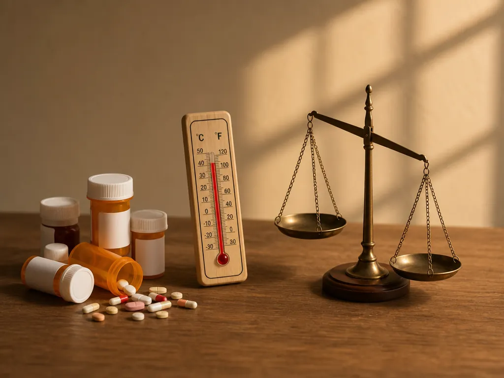Prescription pill bottles beside a thermometer and balance scale illustrating medication risks during heat
