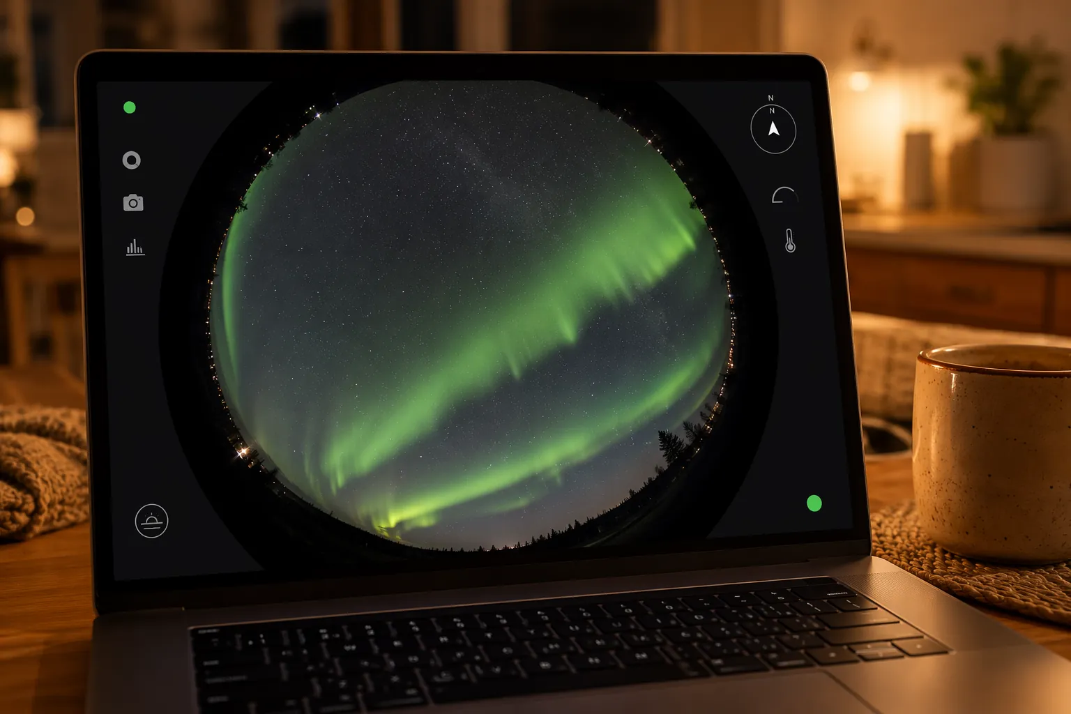 Laptop on a kitchen table showing a live all-sky aurora camera feed beside a warm mug