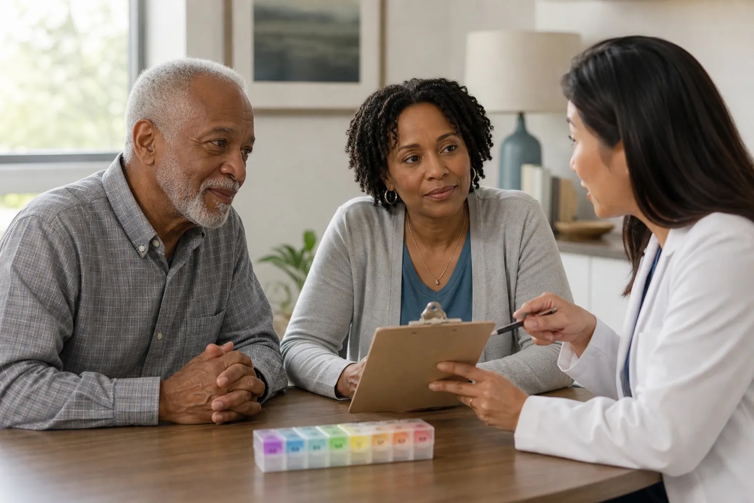 Older adult and adult child discussing medications with a clinician at a table