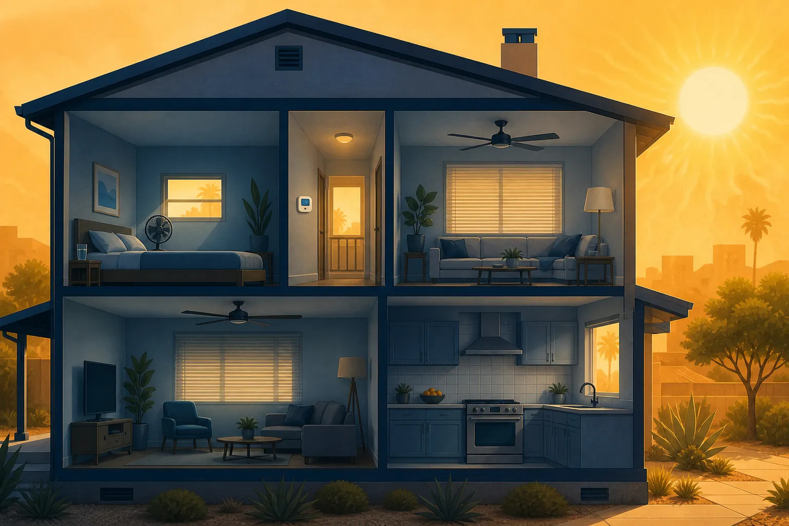 Illustration of a shaded home cooling setup with closed blinds, a thermostat, ceiling fan, low bed, and water during a heat wave