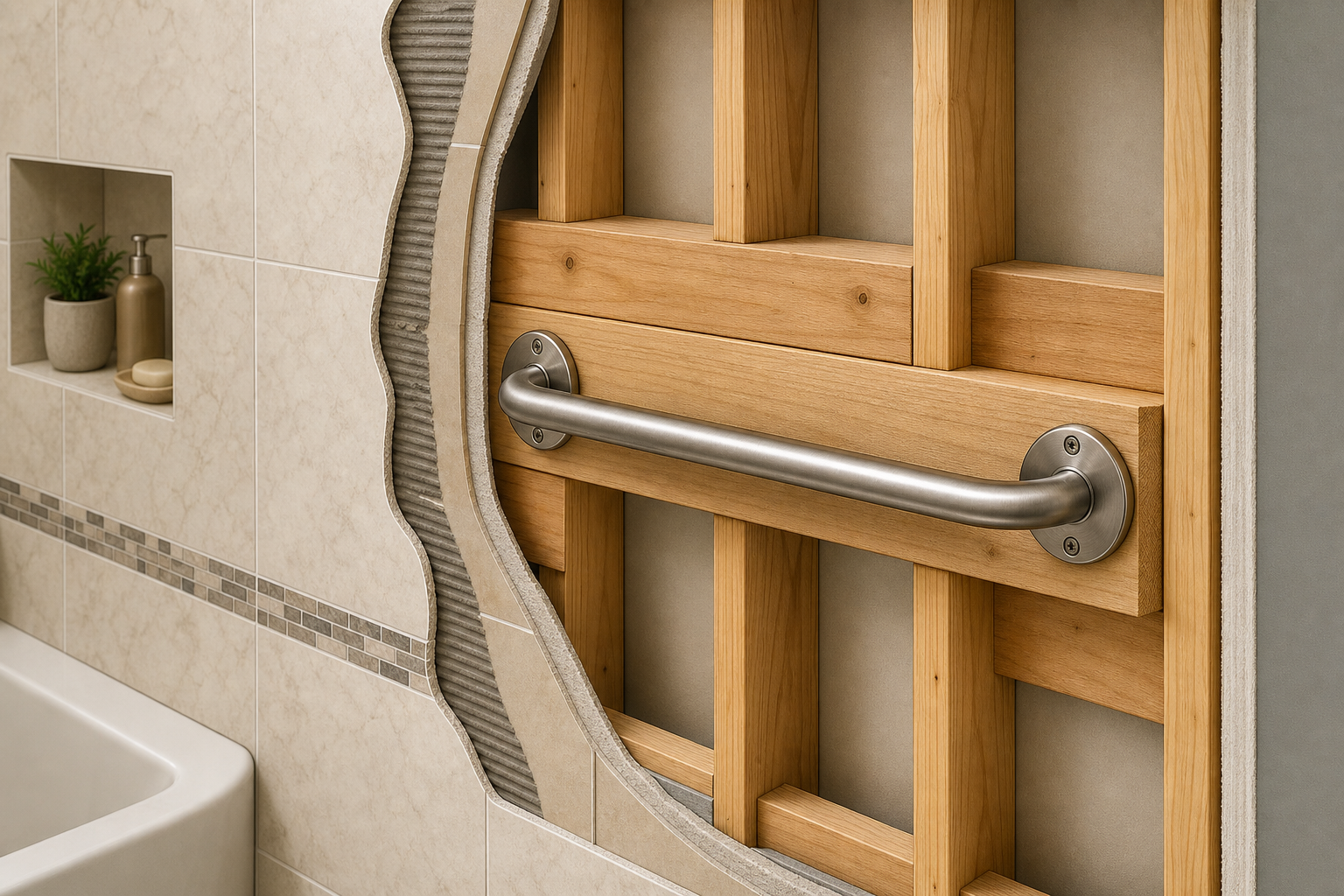 Cross-section cutaway illustration of a bathroom wall with finished tile partially removed to reveal wood blocking installed between wall studs positioned for secure grab bar mounting, showing hidden structural reinforcement behind the surface finish.