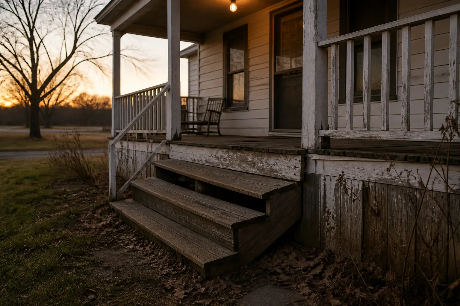Worn rural farmhouse porch steps beneath a dim bulb at dusk