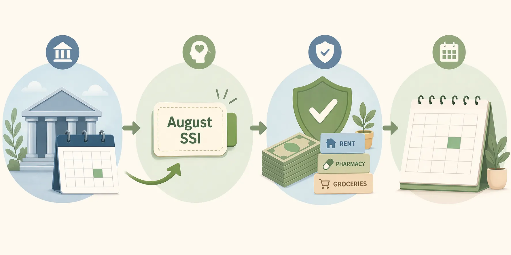Four-step illustration showing a July 31 bank deposit, moving it to August SSI, protecting bills, and marking the next payment date