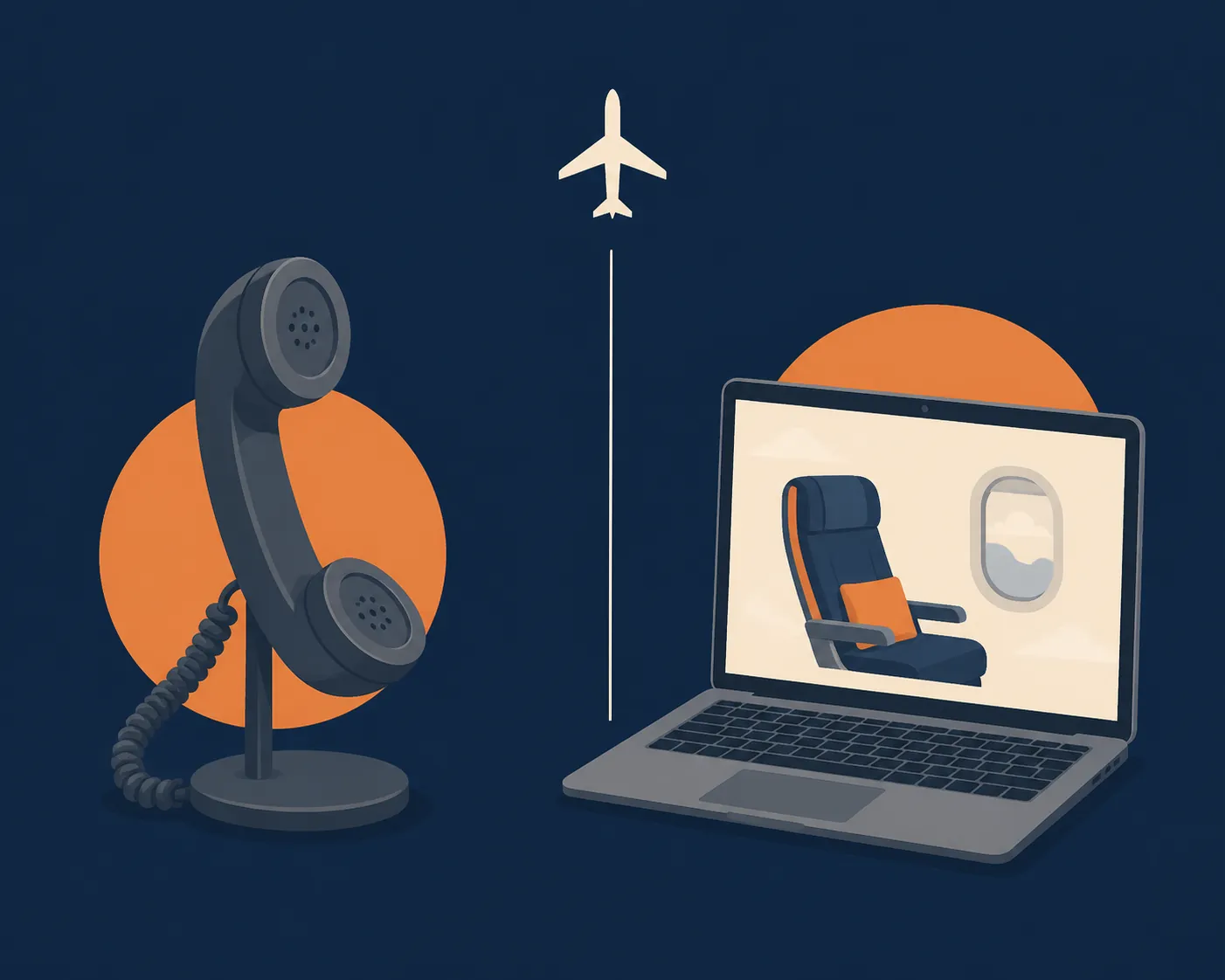 Split illustration of a telephone and laptop showing phone versus online airline booking channels