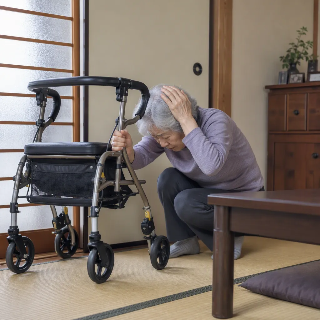 Elderly woman using a wheeled walker with brakes locked while crouching low and covering her head during an earthquake drill
