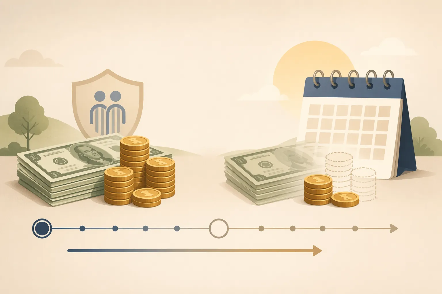 Illustration of current Social Security money beside a smaller faded stack near a 2032 calendar page