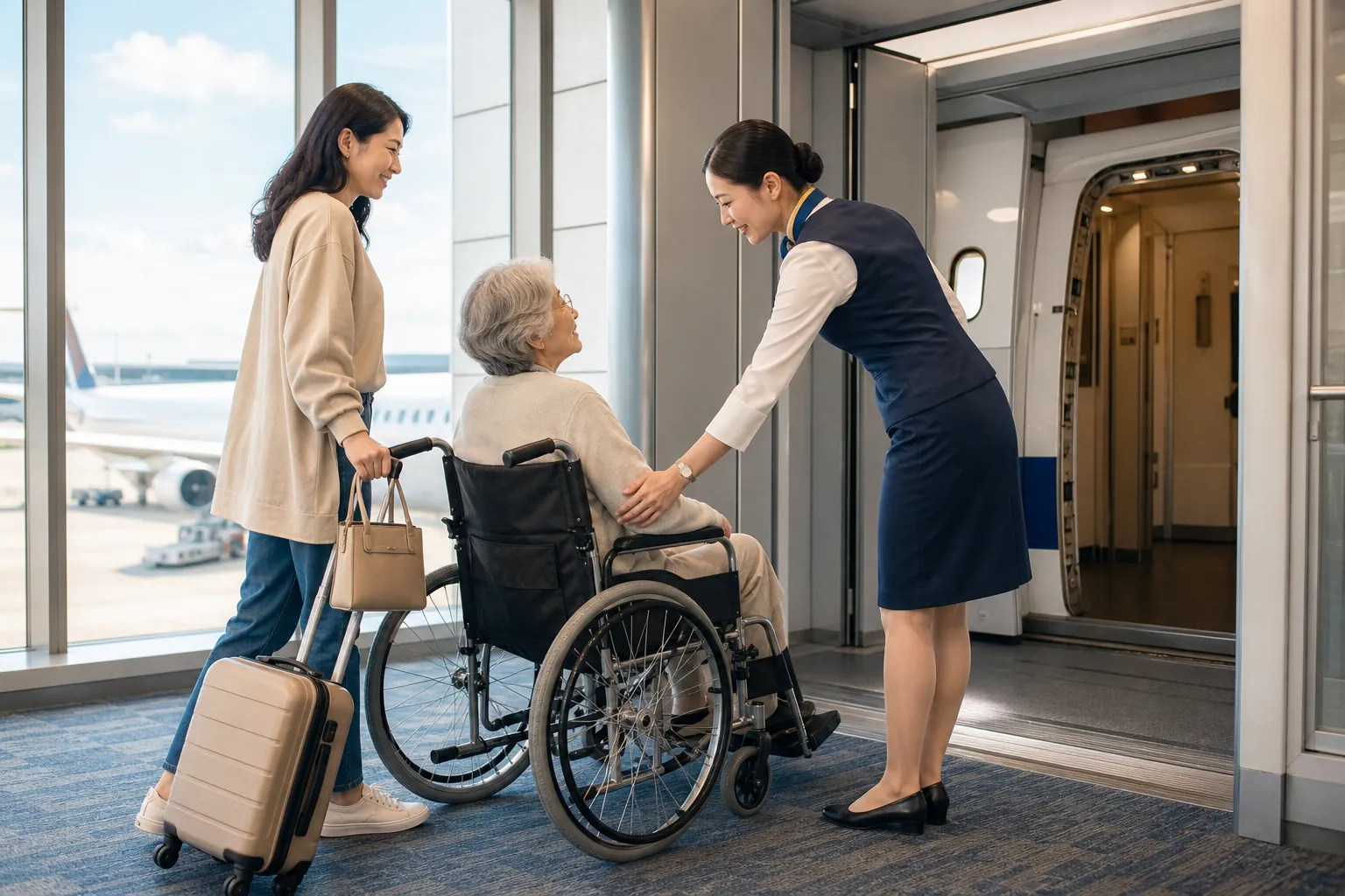 Airline staff member assisting an elderly traveler in a wheelchair at the airport gate while a younger caregiver walks beside them