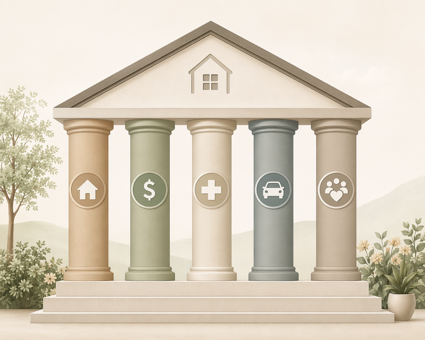 An editorial illustration of five vertical pillars labeled with icons for home, finances, healthcare, transportation, and social engagement, supporting a safe-home icon above.