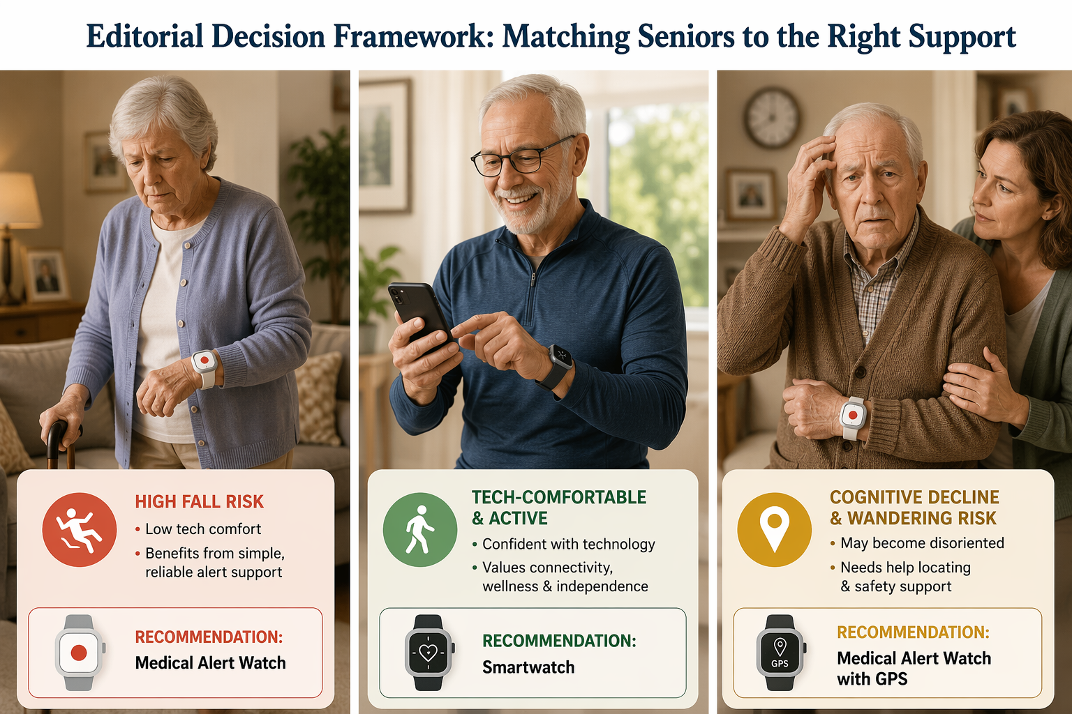 Decision framework showing three senior profiles for choosing between a medical alert watch and a smartwatch