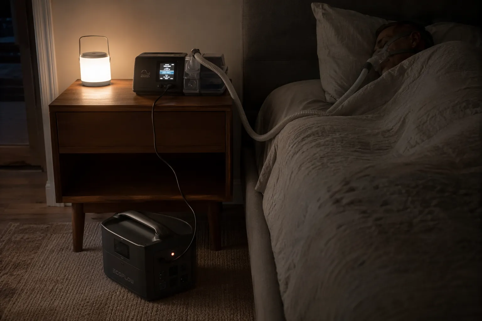 CPAP machine connected to a portable power station during a nighttime power outage