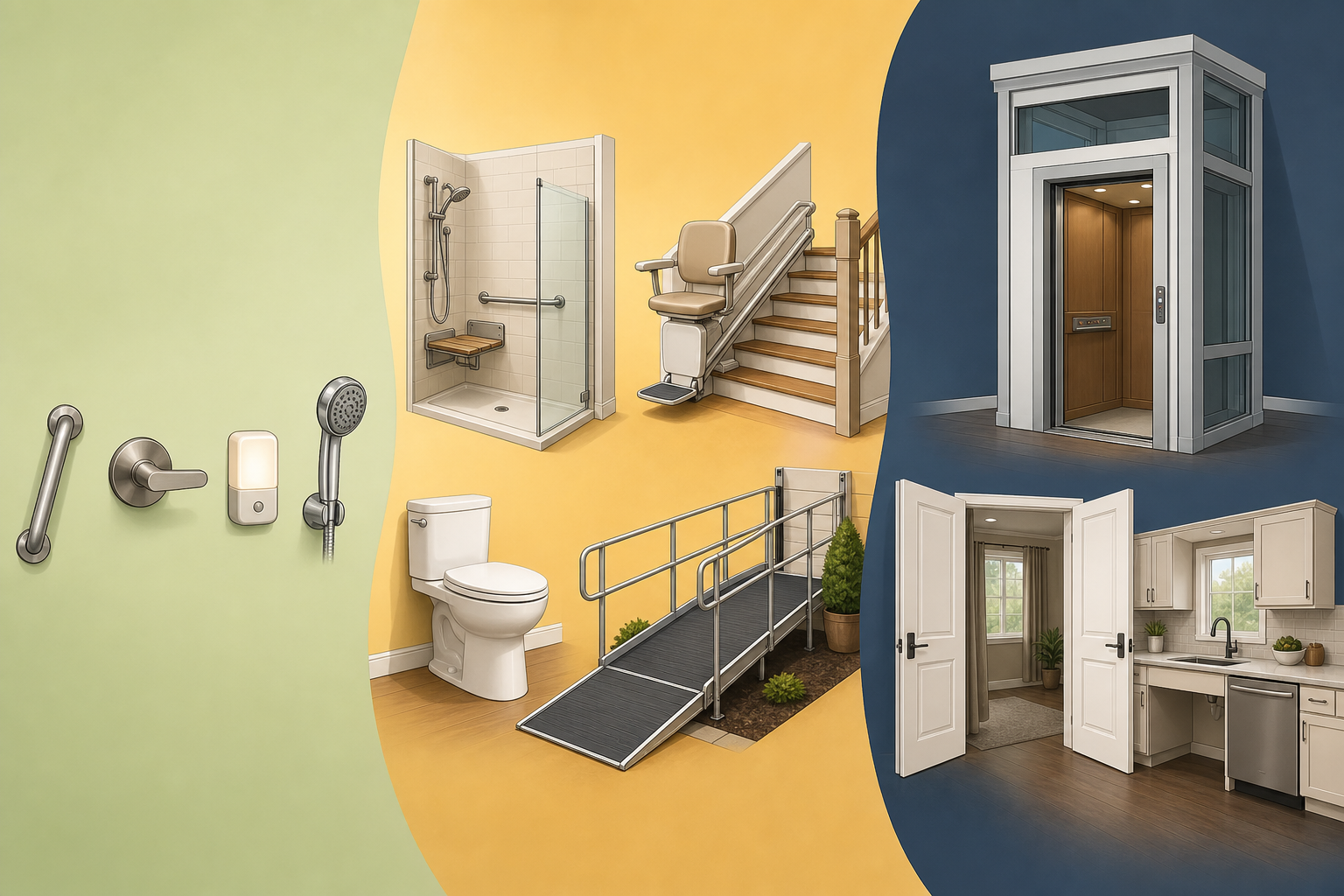 Digital illustration showing three cost tiers of home modifications arranged left to right. Left tier has small icons of a grab bar, lever door handle, night light, and handheld showerhead on a light sage green background. Middle tier has medium-sized icons of a walk-in shower with seat, stair lift on stairs, comfort-height toilet, and modular ramp on a warm gold background. Right tier has larger icons of a home elevator, widened double doors, and accessible kitchen counters on a deep slate blue background.