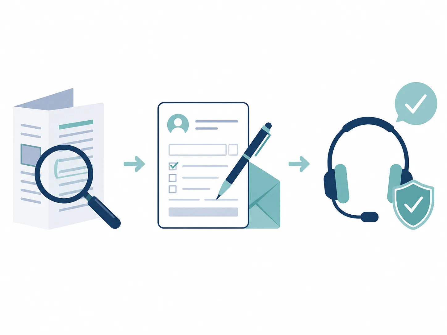 Illustration showing a document search, a form being completed, and a protected headset support checkmark