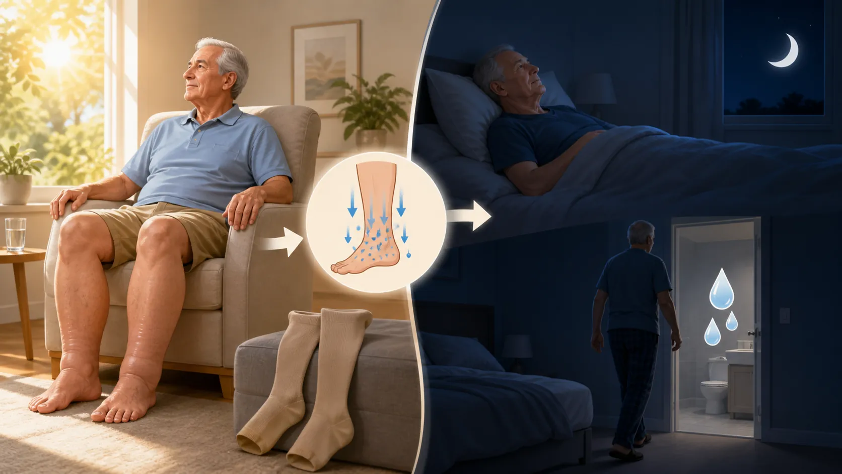 Illustration showing daytime ankle swelling and nighttime bathroom walking during hot weather