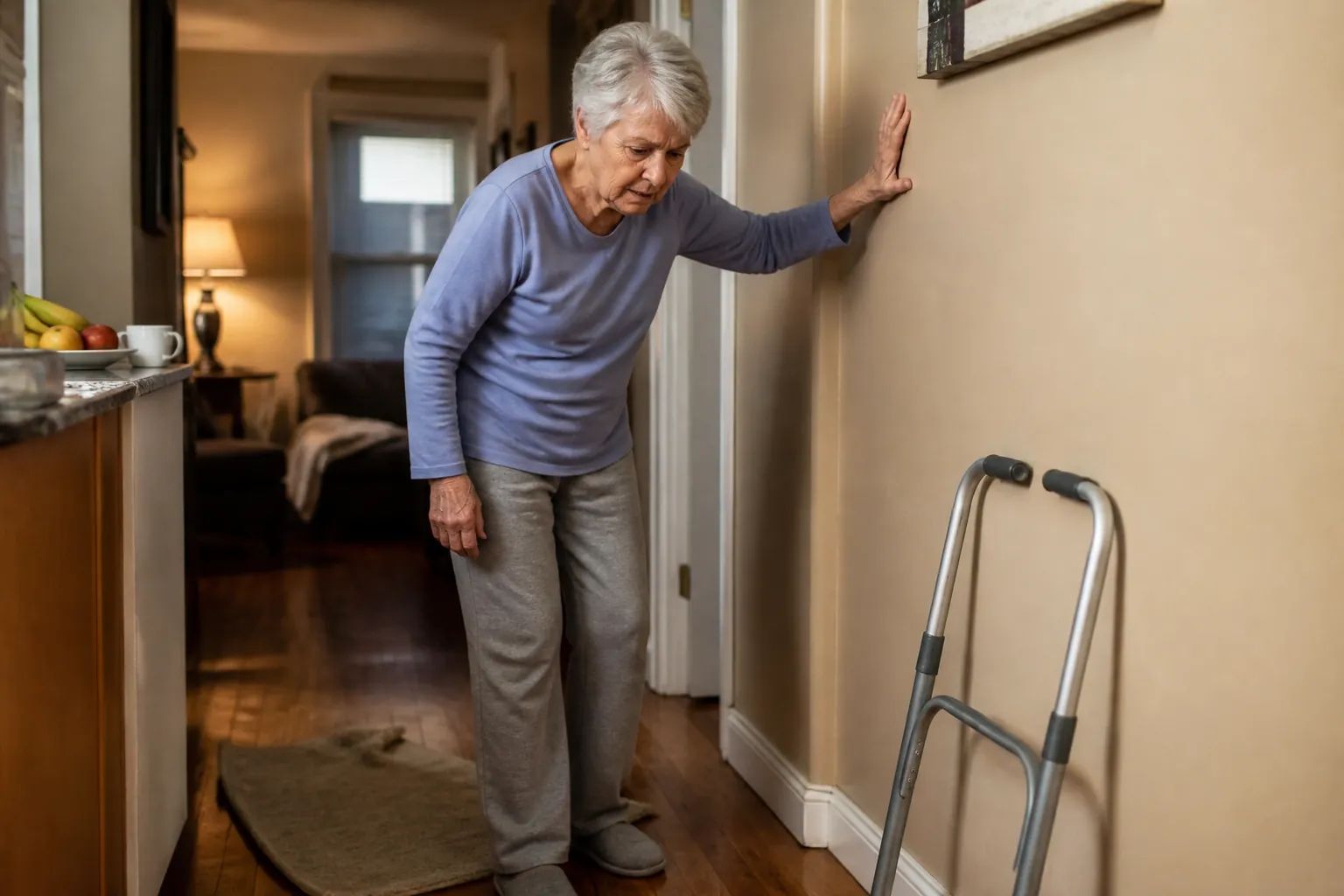 Older adult steadying themselves near a hallway rug with a walking aid nearby