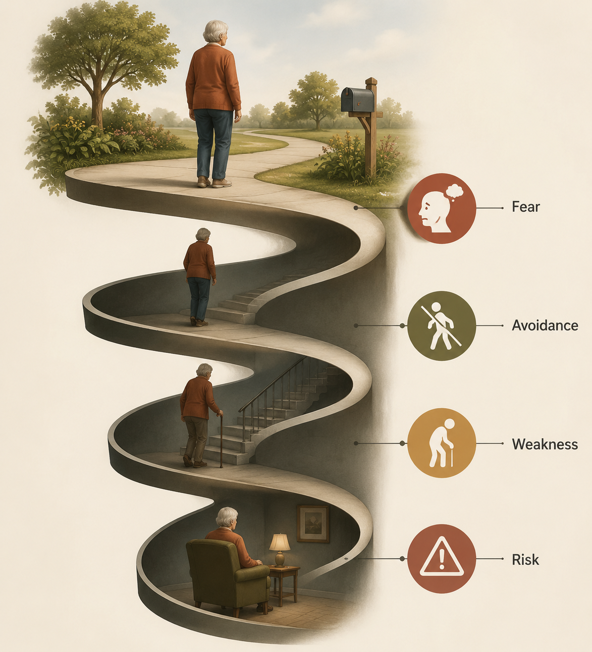 Editorial illustration of the fear-of-falling cascade from fear to avoidance, weakness, and risk