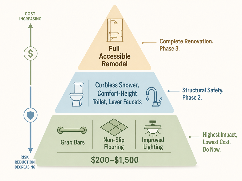 Three-tier editorial pyramid infographic ranking bathroom safety modifications by impact and cost: bottom tier shows grab bars, non-slip flooring and lighting at $200-$1,500 as highest impact lowest cost, middle tier shows curbless shower and comfort-height toilet as phase 2, top tier shows full accessible remodel as phase 3