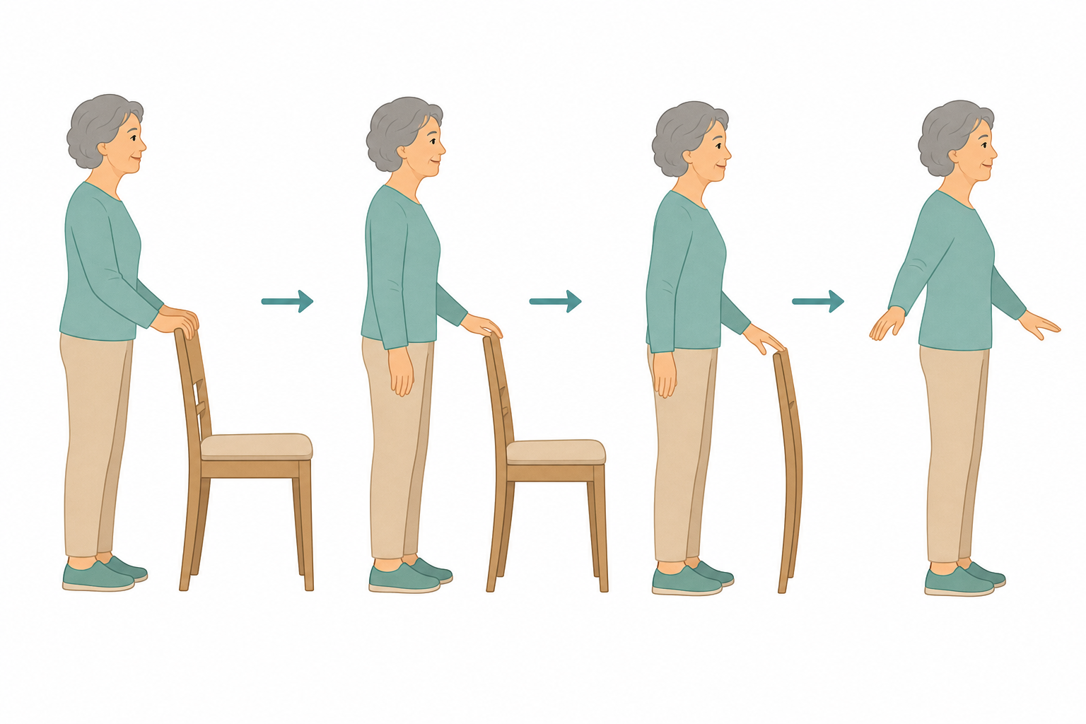 A four-step illustrated sequence showing older adult silhouettes progressing from two hands on a chair, to one hand, to fingertips, to hands free.