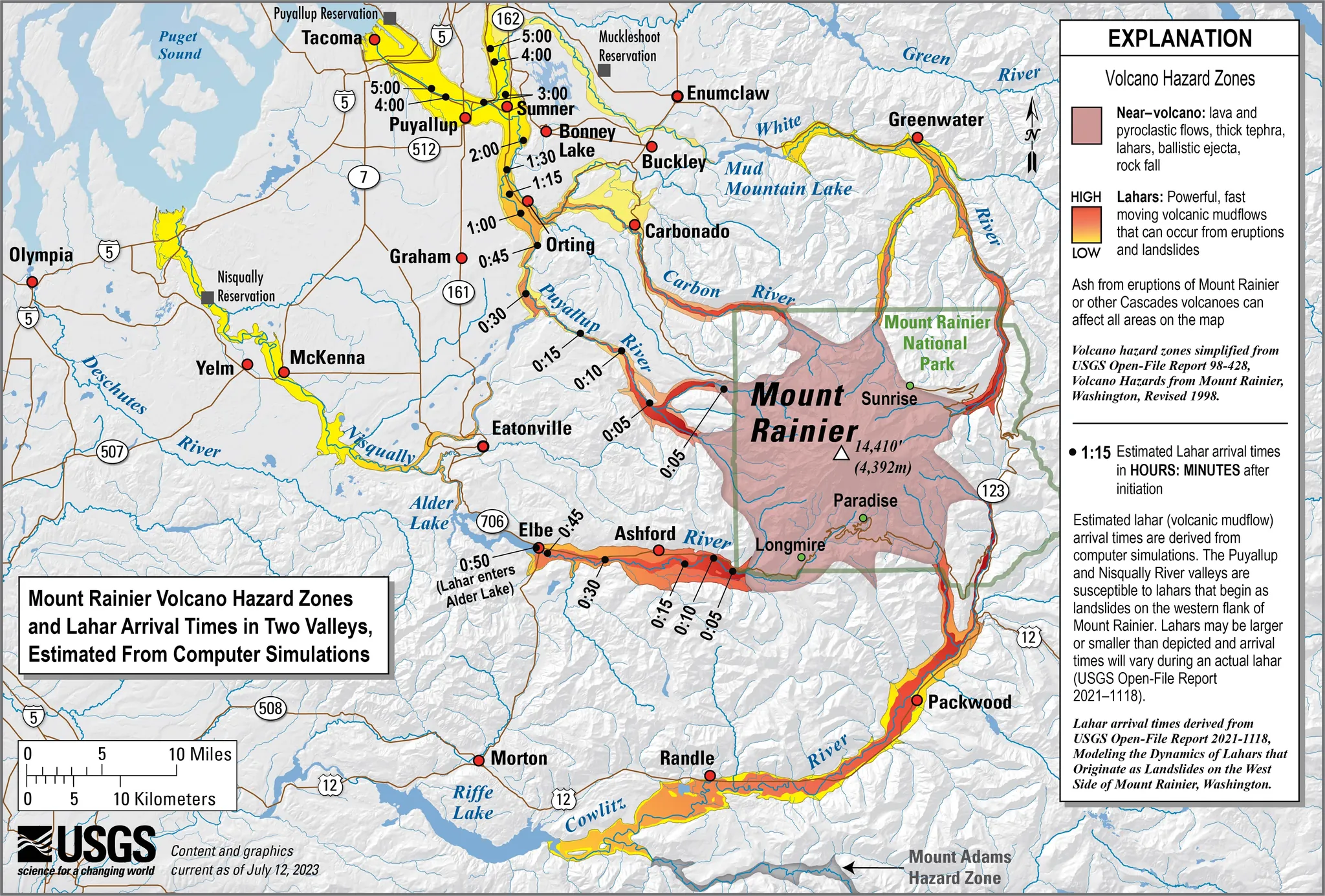 Official hazard map of Mount Rainier showing color-coded lahar travel times down the Puyallup and Nisqually river valleys